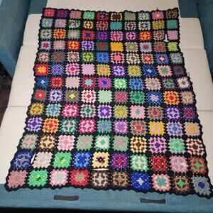VTG Handmade Granny Square Afghan Throw Blanket Black Trm 50x62 Cottagecore READ